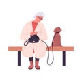 Senior woman with dog sitting on bench and waiting. Old aged lady with bag and doggy on leash. Elderly female and puppy Royalty Free Stock Photo