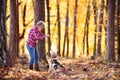 Senior woman with dog on a walk in an autumn forest. Royalty Free Stock Photo