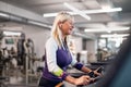 A senior woman with earphones in gym doing cardio work out exercise. Royalty Free Stock Photo