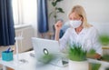 Senior woman engineer with face mask and laptop indoors in office, working. Royalty Free Stock Photo