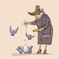 Senior Woman Feeding Birds, Old Lady Daily Activity. Grandmother feeds pigeons