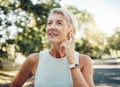 Senior woman, fitness and music earphones for workout, training or exercise in nature park or Sweden garden. Thinking Royalty Free Stock Photo