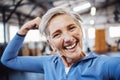 Senior woman, flex and smile for selfie or profile picture in exercise, workout or muscle training at the gym. Portrait Royalty Free Stock Photo