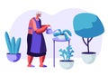 Senior Woman Gardening Hobby. Aged Grey Haired Female Character in Apron Caring of Home Plants in Pots. Old Lady Watering Can