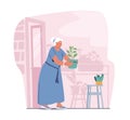 Senior Woman Gardening Hobby. Aged Grey Haired Female Character Caring of Home Plants in Pots. Old LadyCarry Flower Pot