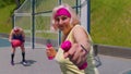 Senior woman grandmother do sport training boxing fitness aerobics cardio exercising with dumbbells Royalty Free Stock Photo