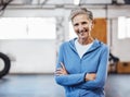 Senior woman, gym and portrait of a person happy about fitness, training and exercise with mockup. Sports, happy and Royalty Free Stock Photo