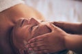 Senior woman, hands and face massage in relax for spa treatment, stress relief or body care at resort. Closeup of Royalty Free Stock Photo