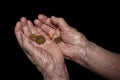 Senior woman hands holding some euro coins. Pension, poverty, so