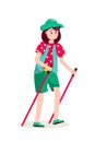 Senior woman with hat nordic walking flat illustration