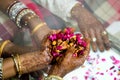 Senior woman with henna tattoos on both hands holding pink flowers and herbs soaked in milk for a couple. Royalty Free Stock Photo