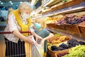 Senior woman and her grandchild wearing disposable medical mask shopping in grocery supermarket during coronavirus pneumonia