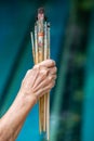 Senior woman left hand holding old paintbrushes in bokeh blue swimming pool background, Selective focus, Hobby paint art concept Royalty Free Stock Photo