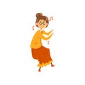 Senior woman listening to music and dancing, grandma having fun, elderly woman cartoon character leading an active