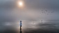 Senior Woman looking out into the Dense Fog over the Pacific Ocean in Cox Bay