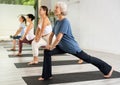 Senior woman maintaining mental and physical health attending group yoga class at studio, practicing stretching poses Royalty Free Stock Photo