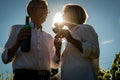 Senior woman and man drinking wine in vineyard Royalty Free Stock Photo