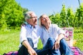 Senior woman and man having picnic on meadow Royalty Free Stock Photo