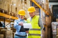 Senior woman manager and man worker working in a warehouse. Royalty Free Stock Photo