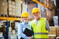 Senior woman manager and man worker standing in a warehouse. Royalty Free Stock Photo