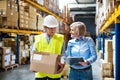 Senior woman manager and man worker working in a warehouse. Royalty Free Stock Photo