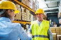 Senior woman manager and man worker working in a warehouse. Royalty Free Stock Photo