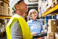 Senior woman manager and man worker working in a warehouse. Royalty Free Stock Photo