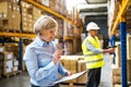 Senior woman manager and man worker working in a warehouse. Royalty Free Stock Photo