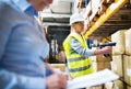 Senior woman manager and man worker working in a warehouse. Royalty Free Stock Photo