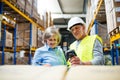 Senior woman manager and man worker working in a warehouse. Royalty Free Stock Photo