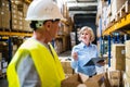 Senior woman manager and man worker working in a warehouse. Royalty Free Stock Photo