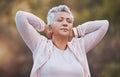 Senior woman, neck pain and tired for outdoor exercise and sports fitness or runner workout training in nature park Royalty Free Stock Photo