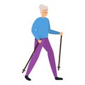 Senior woman nordic walking icon, cartoon style