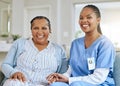 Senior woman, nurse and holding hands portrait for support, healthcare and happiness at retirement home. Elderly black Royalty Free Stock Photo