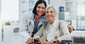 Senior woman, patient and doctor with smile, face or kindness at consultation with hug for healthcare advice. Happy Royalty Free Stock Photo