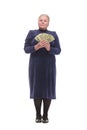 Senior woman pensioner holding money dollar bills in hand isolated white background. Positive emotion facial expression Royalty Free Stock Photo