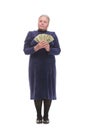 Senior woman pensioner holding money dollar bills in hand isolated white background. Positive emotion facial expression Royalty Free Stock Photo