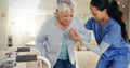 Senior woman, person with disability and nurse for help to couch, walking frame and handholding. Healthcare or elderly Royalty Free Stock Photo