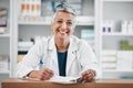 Senior woman, pharmacist portrait and paper data of pills stock, insurance or medical documents. Healthcare, doctor and