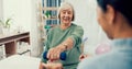 Senior woman, physiotherapy and dumbbell for exercise, support and stretching arm in physical therapy exam. Elderly Royalty Free Stock Photo