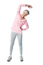 Senior woman, portrait or stretching on isolated white background in exercise, workout and training for body wellness