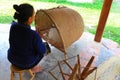 Senior woman preparing cotton for spinning to threading