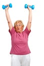 Senior woman raising arms with weights.