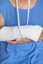 Senior woman with a rewound arm in a cast and bandage. Blow, fracture, bones, hospital