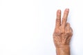 Senior woman`s hands counting 2 on white background, Numbers 1-10 in sign language concept