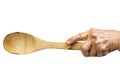 Senior woman left hand holding wooden ladle on white background, Close up shot, Selective focus, Kitchen utensils concept