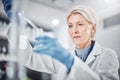 Senior woman, science beaker and pipette in laboratory for medical research. Scientist, innovation and elderly female Royalty Free Stock Photo