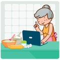 Grandma cooking and looking at recipes on the internet. Vector illustration