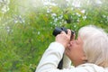 Senior woman shooting photo by digital camera. Shooting blooming bird cherry tree. Concept of aged people and photography. Cloudy Royalty Free Stock Photo