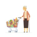 Senior woman with a shopping cart - cartoon people characters isolated illustration